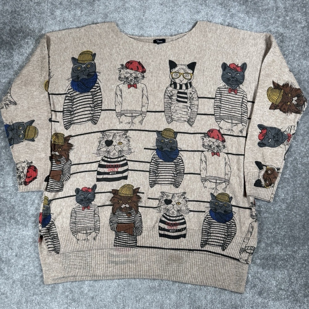 Shana Sweater Women's Medium Beige Wool Blend Cat Kitty AOP Pirate Criminal